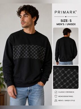 Primark Men’s Unisex Black Monogram Crewneck Sweatshirt Size S/unisex minimalist